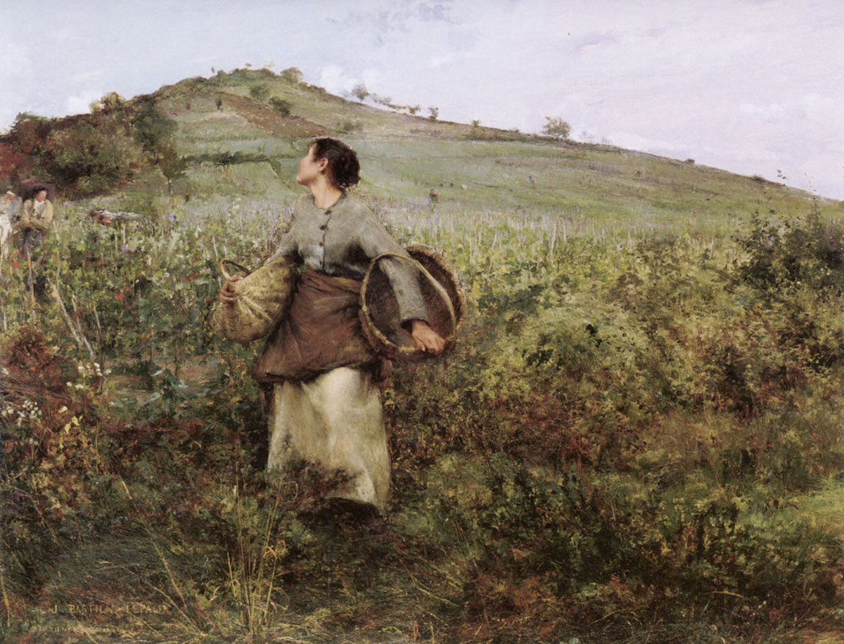 painting of a lady in a field and carrying harvest baskets.