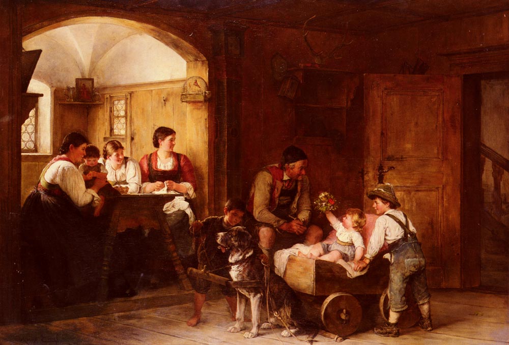 painting of a family scene together indoors.