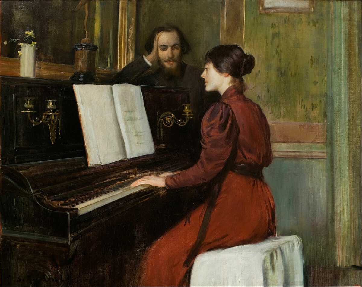 painting of a lady playing the piano while a man gazes at her. 