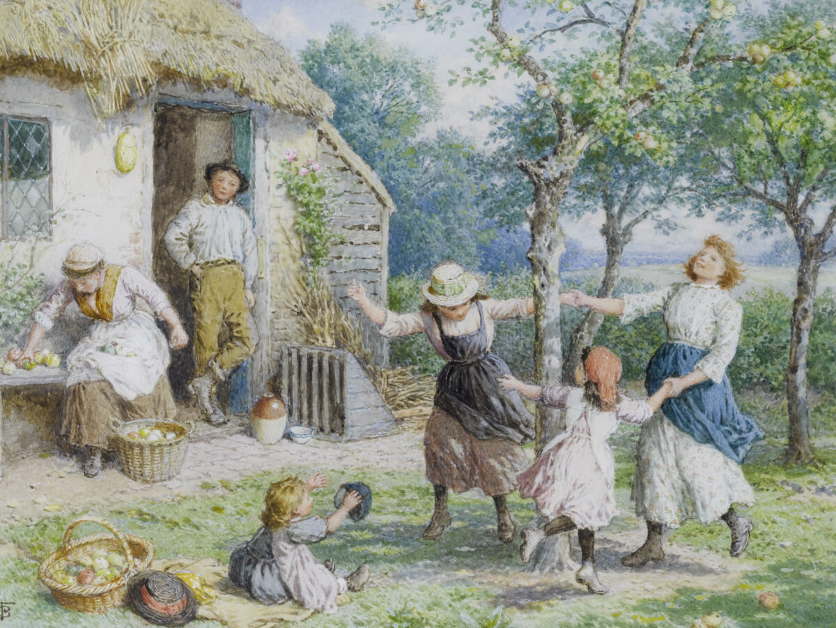 painting of children playing outside. 