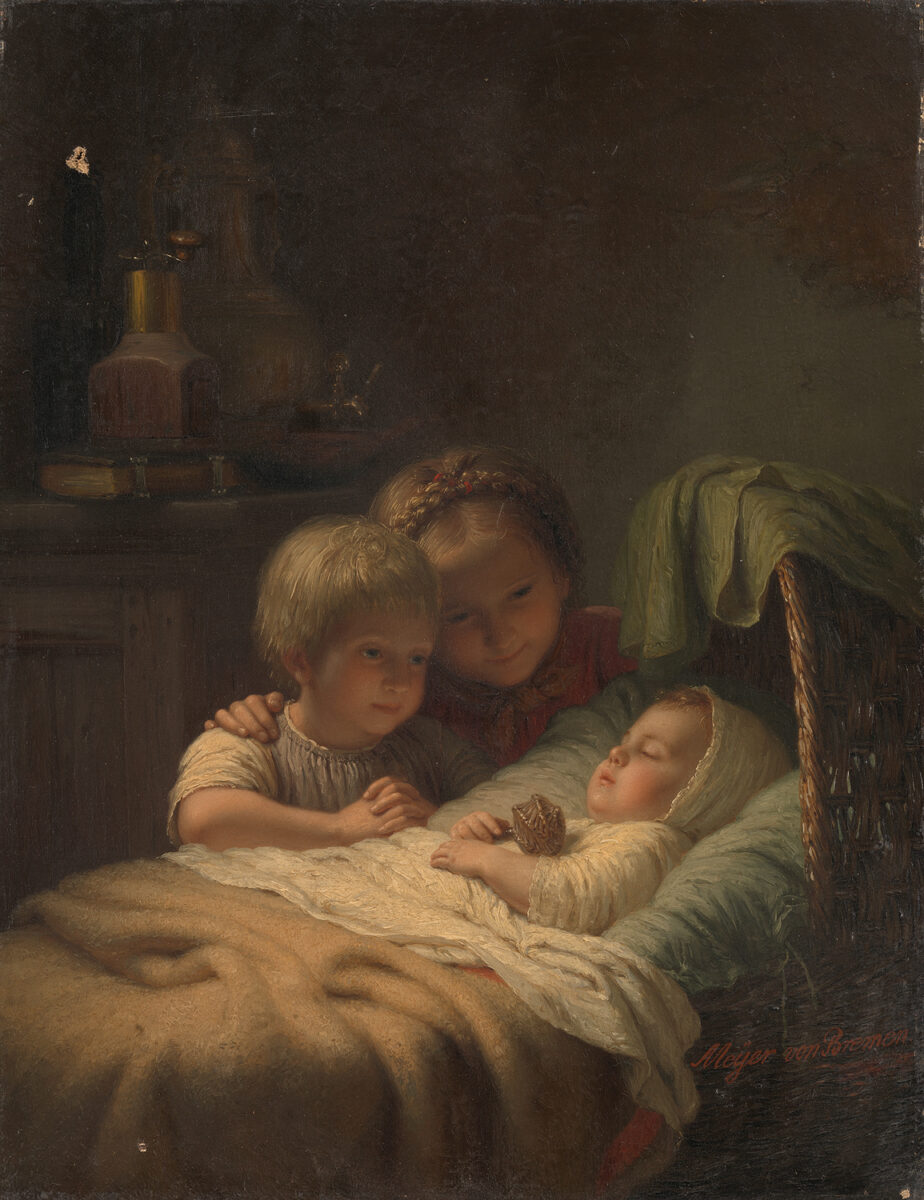 children standing around a little siblings cradle while he sleeps. 