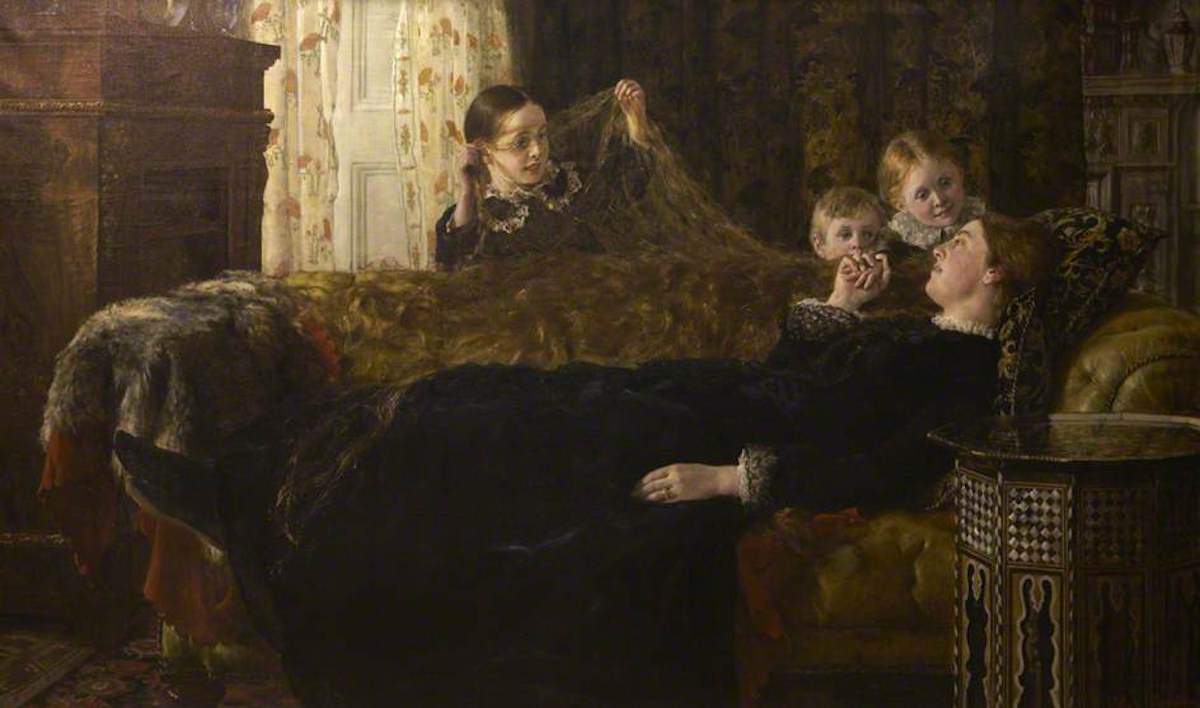 painting of a mother laying on a sofa with children surrounding her.