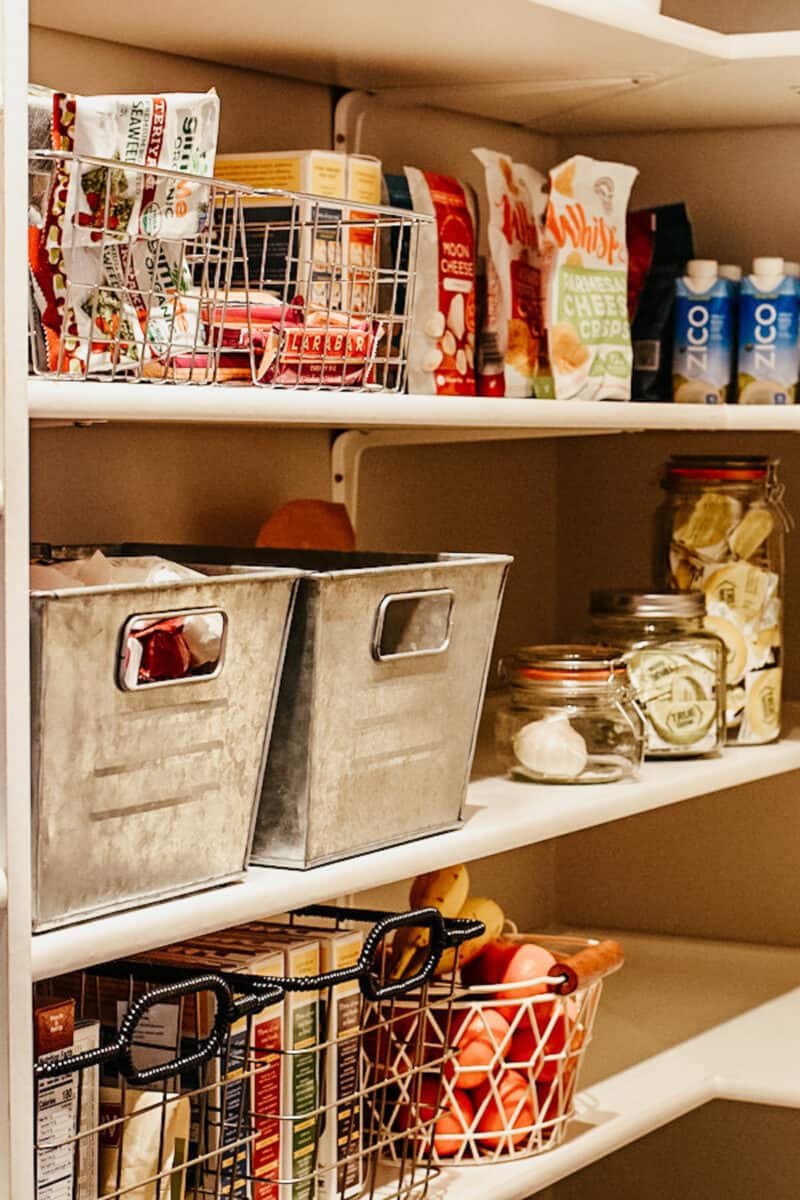 metal bins for food storage in a farmhouse pantry