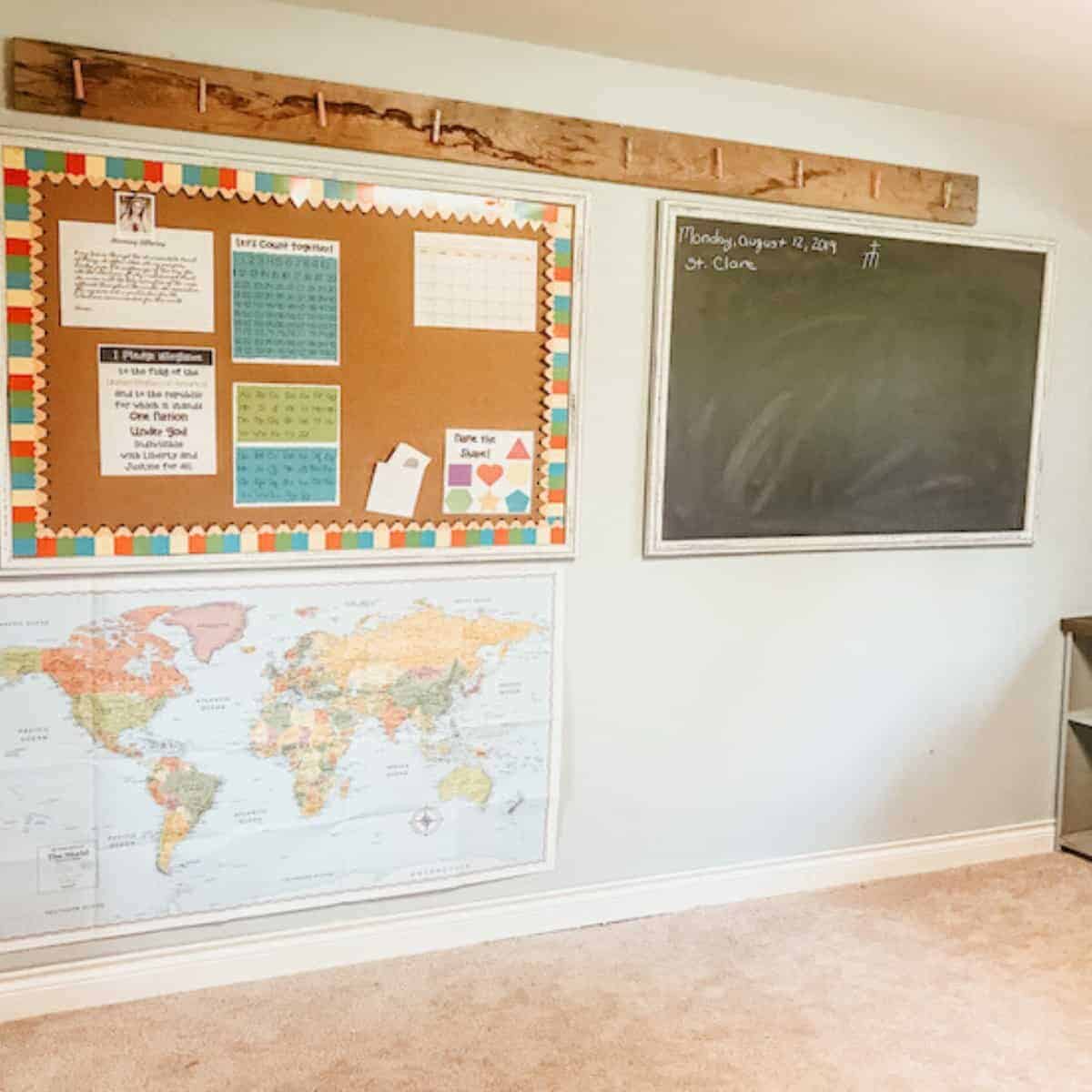 chalkboard and map wall in homeschool classroom