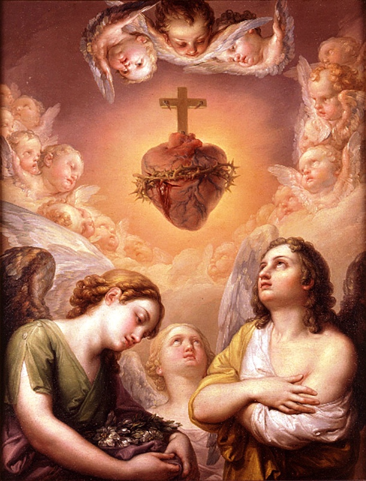 Painting of the Sacred Heart of Jesus being adored by angels.