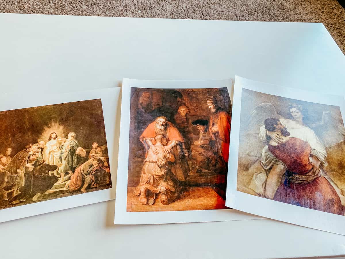 3 paintings by Rembrandt on printed cards for picture study