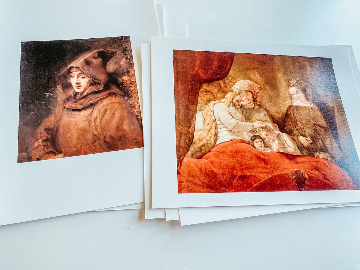 stack of paintings by Rembrandt on printed cards for picture study
