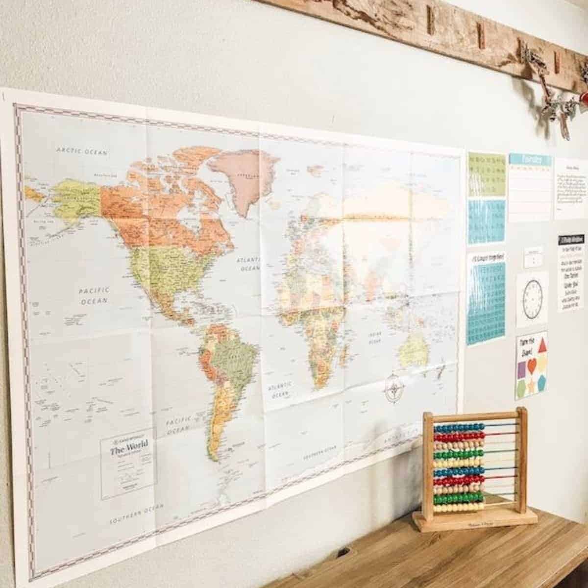 world map hanging on the wall of the homeschool room