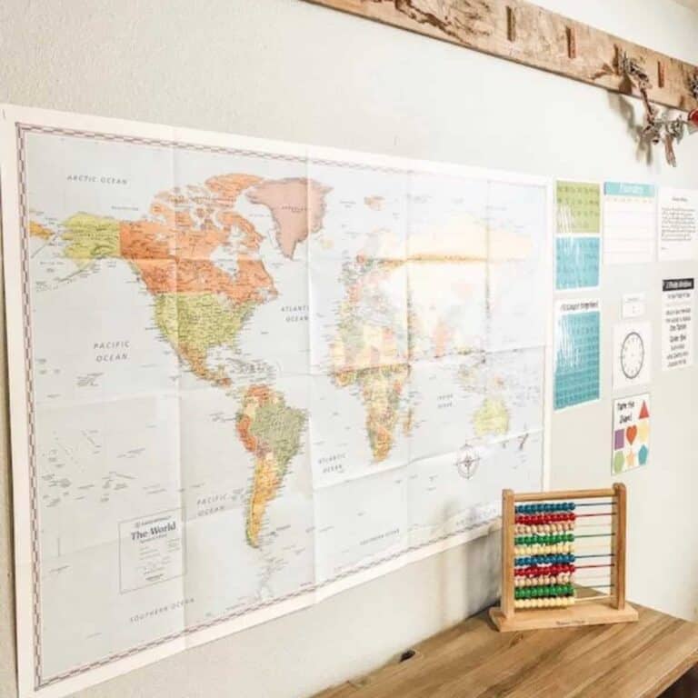 world map hanging on the wall of the homeschool room