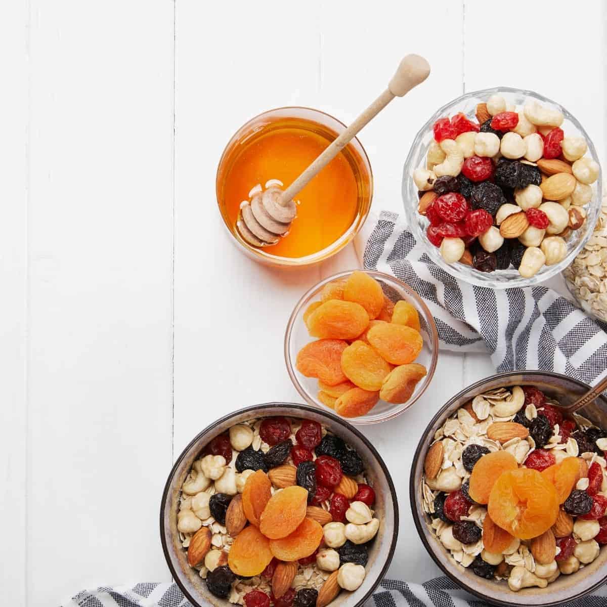 bowls of dried fruit and grains