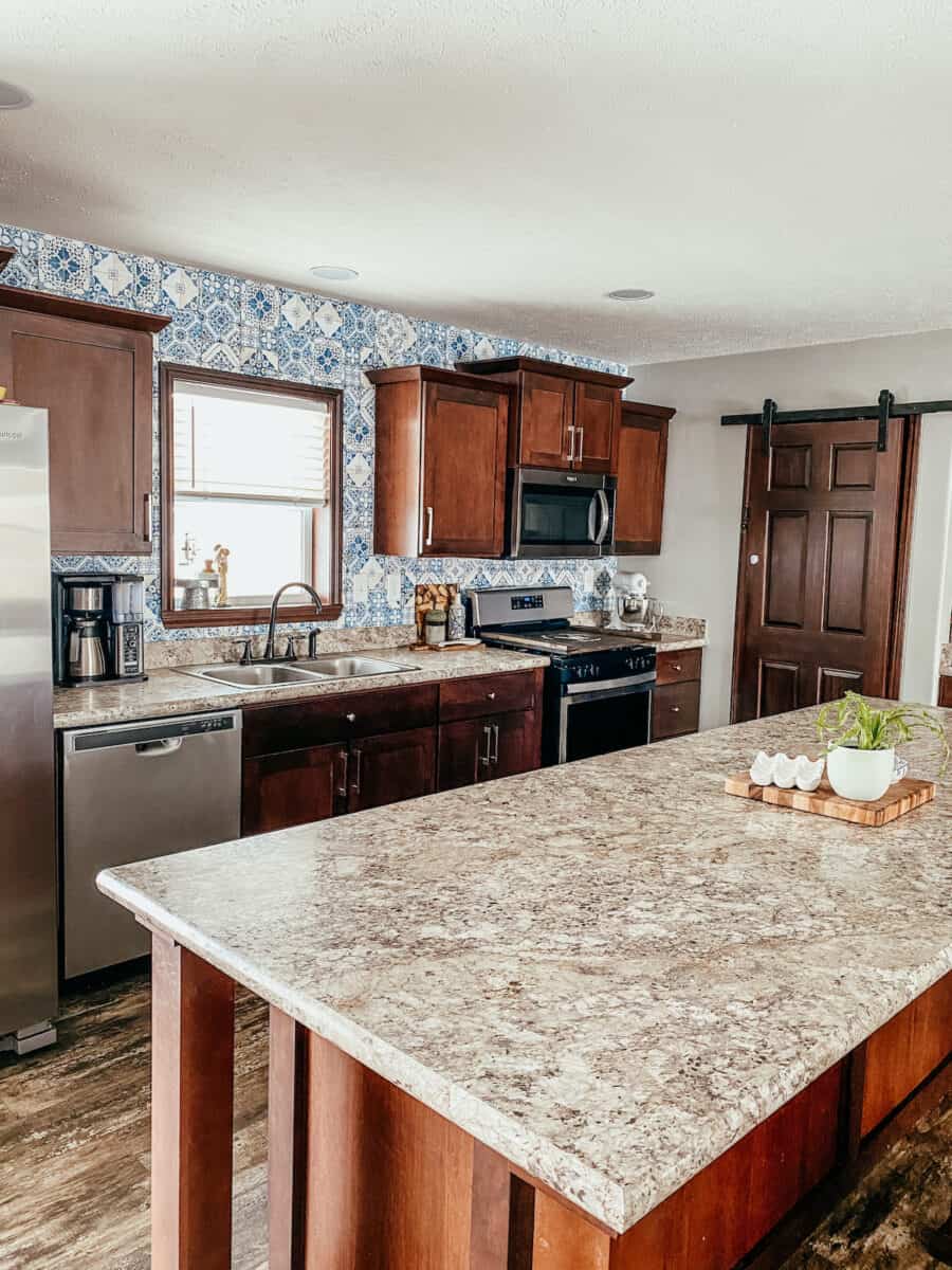 kitchen view with window in background and island in foreground