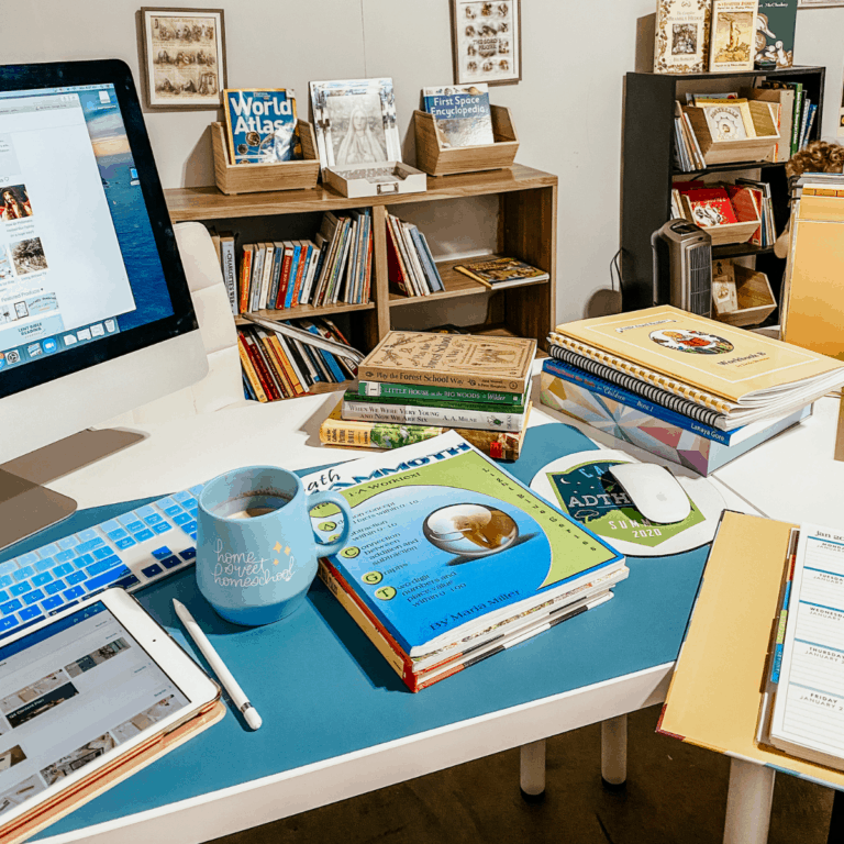 homeschool lesson planning on a desk with a variety of books