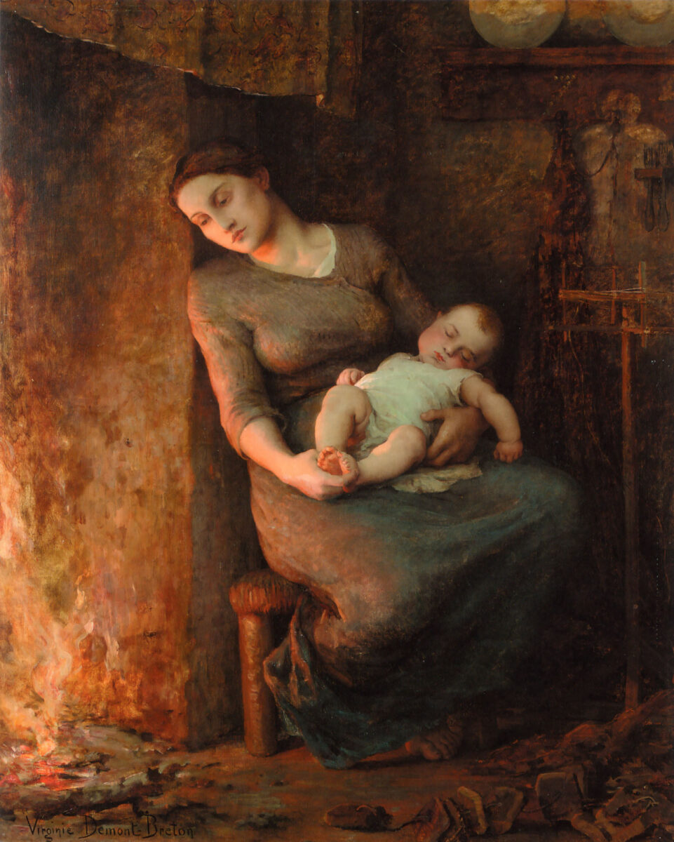 mother holding a sleeping baby by the hearth. 