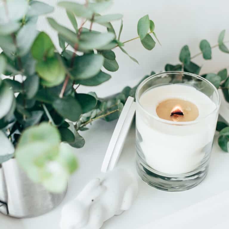 white candle in glass with eucalyptus leaves in background