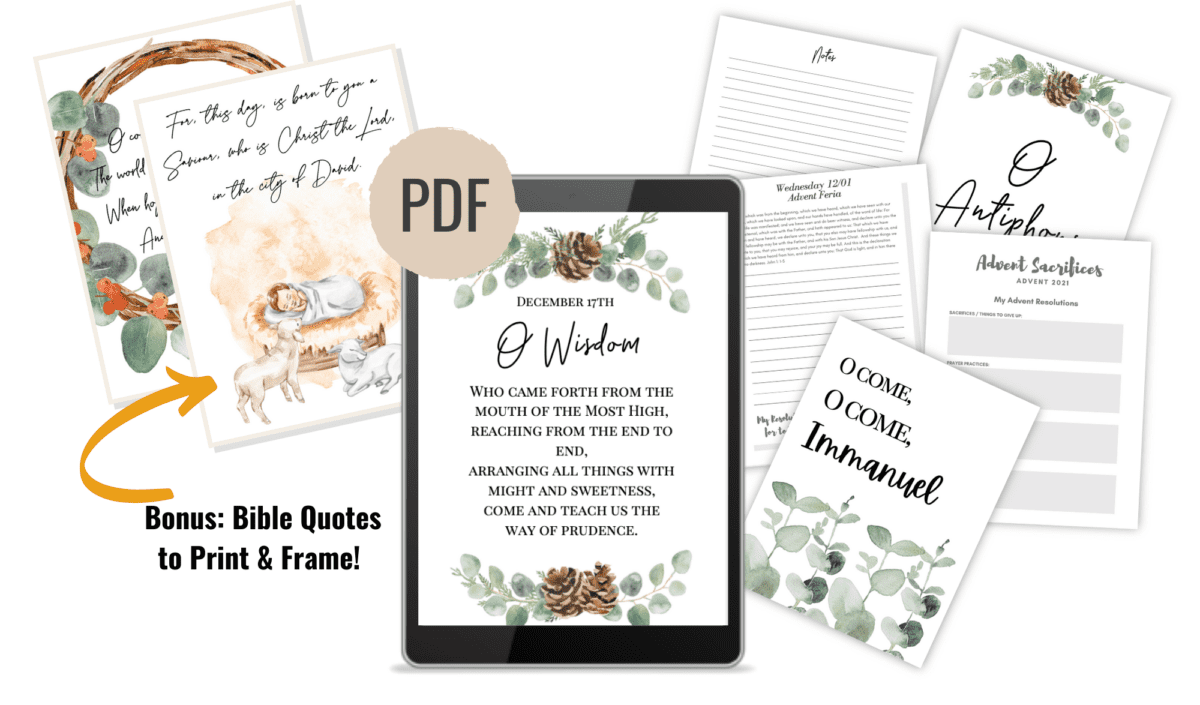 mock up of advent printable pack spread and one image of O Antiphons on tablet