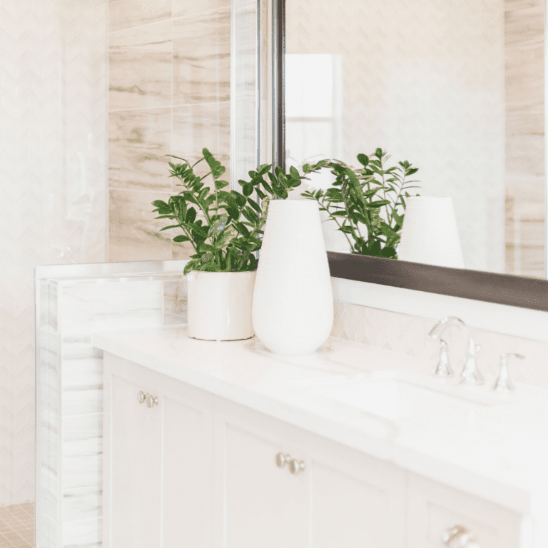bathroom countertops with white vase and houseplant