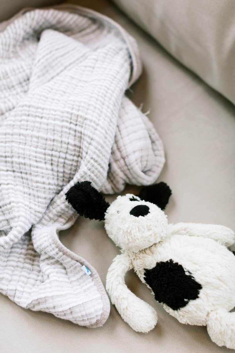 baby blanket and stuffed animal on a couch