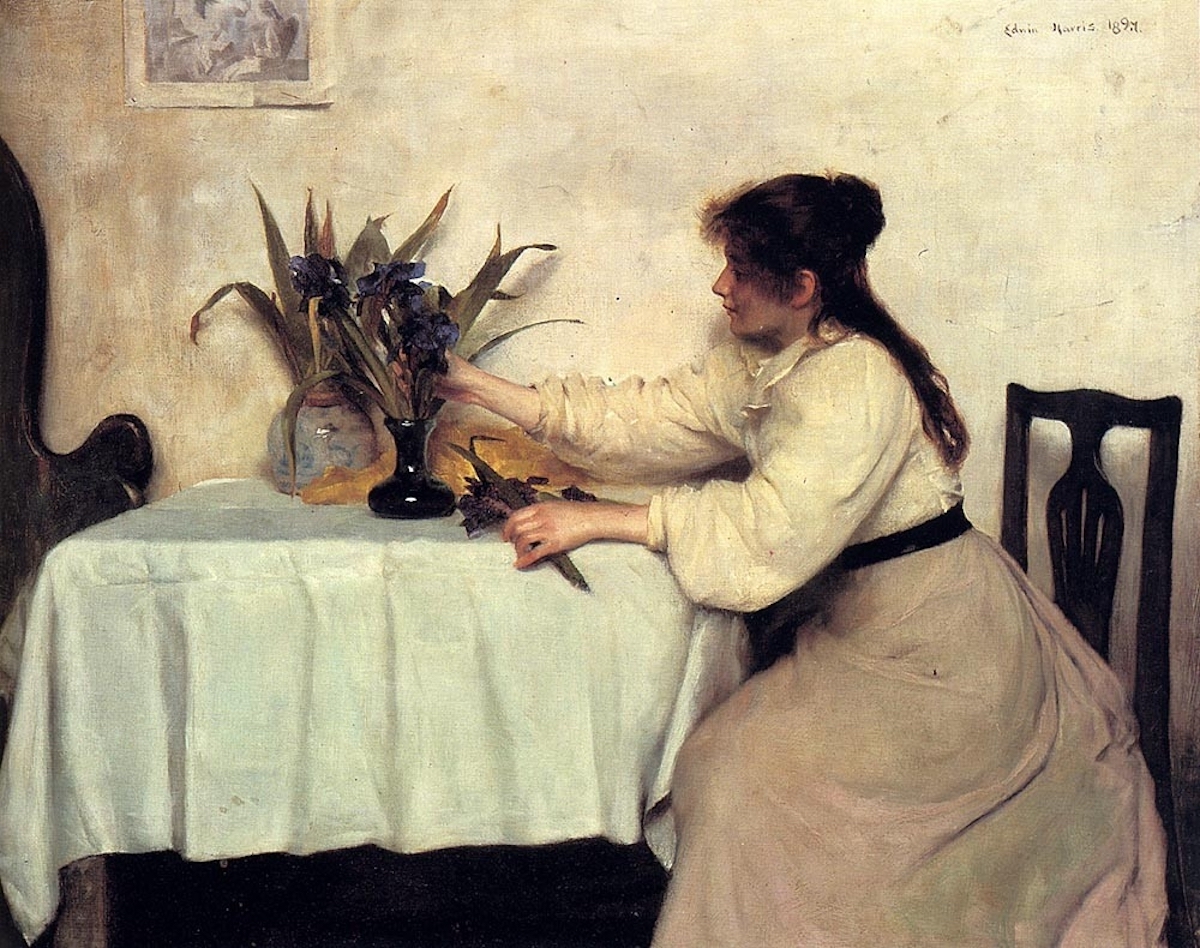 painting of a lady arranging flowers at a table. 