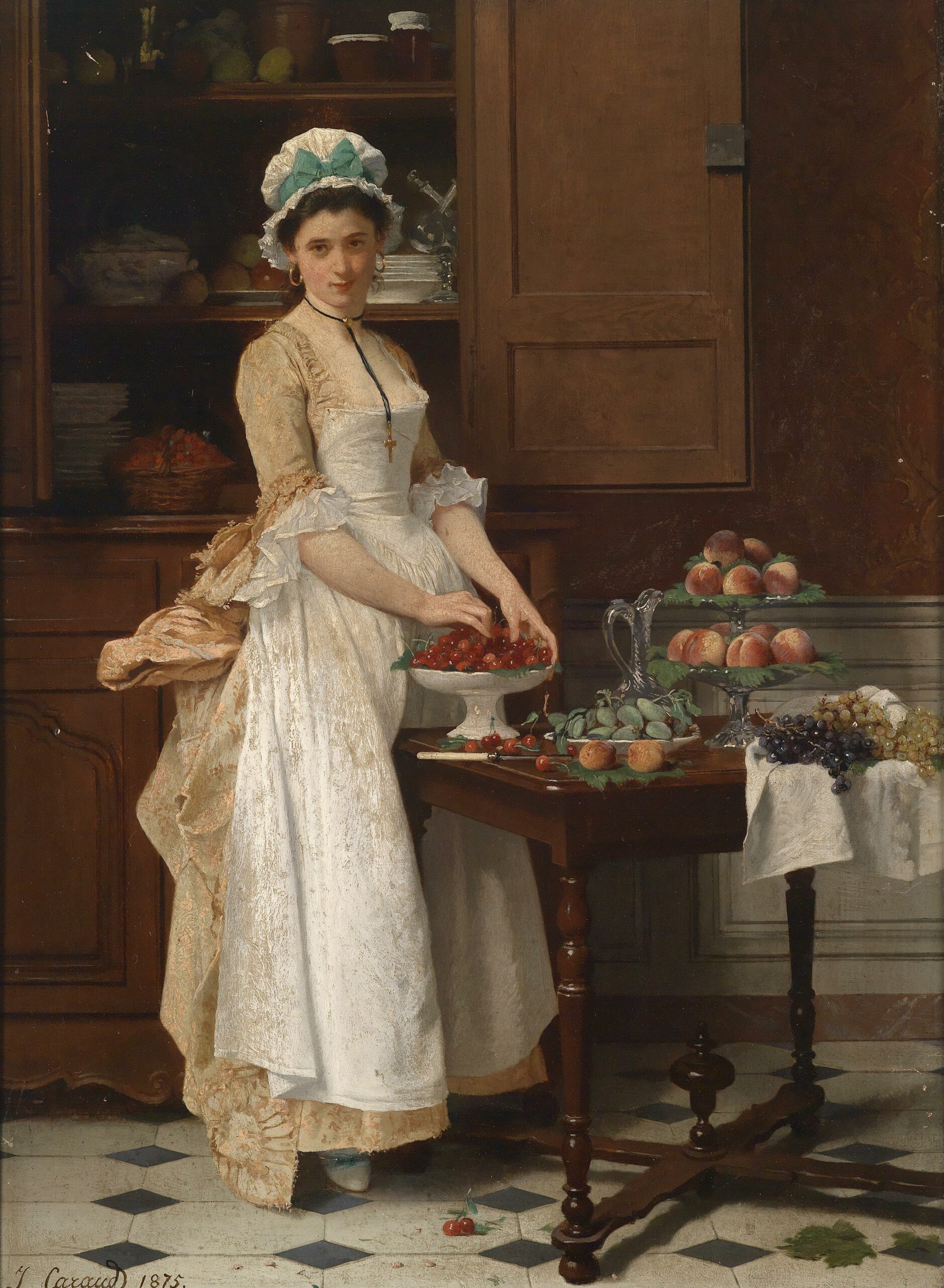 painting of a lady standing in the kitchen. 