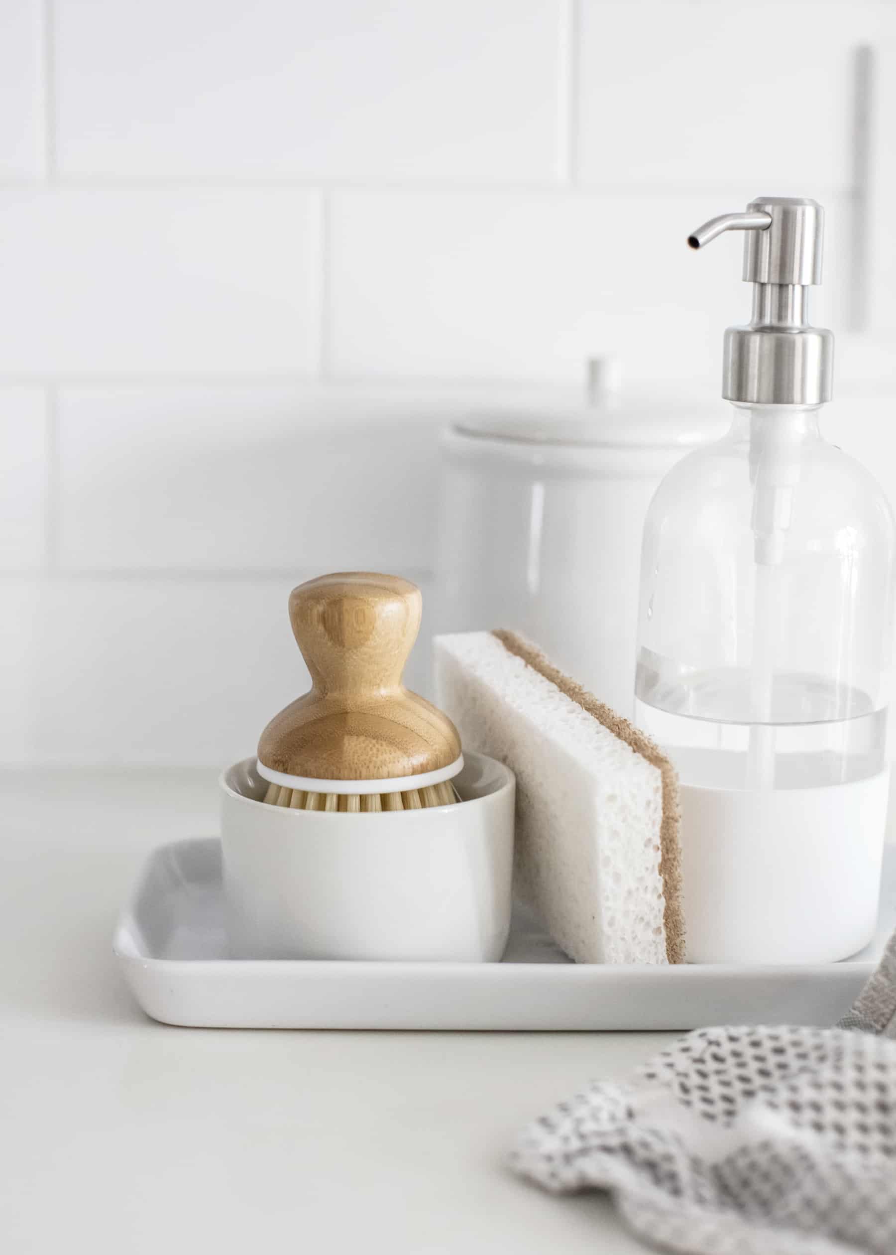 cleaning sponge, and dish brush next to a glass soap dispenser. 