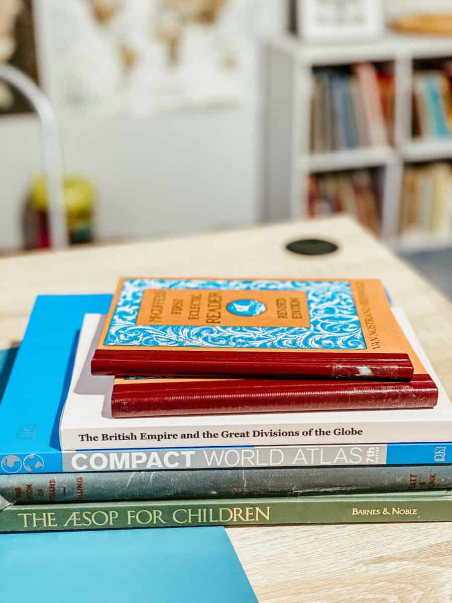 stack of school books on a desk.