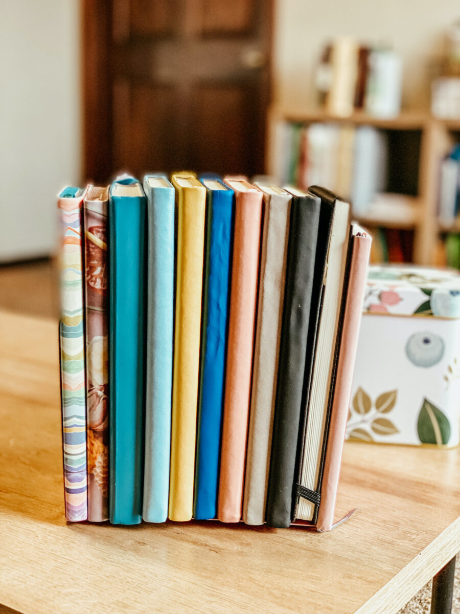 colorful notebooks resting on a bookshelf with a plant to the side.