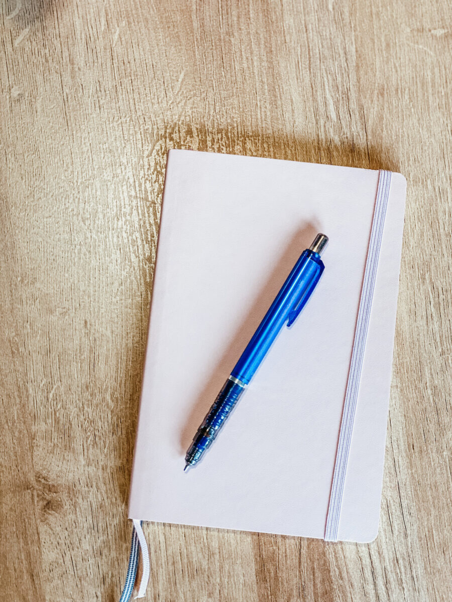 light pink notebook with blue mechanical pencil on top. 