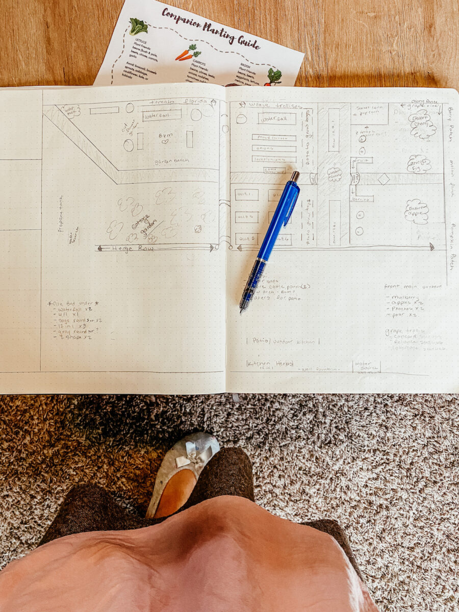 my garden journal opened with garden design sketched out.