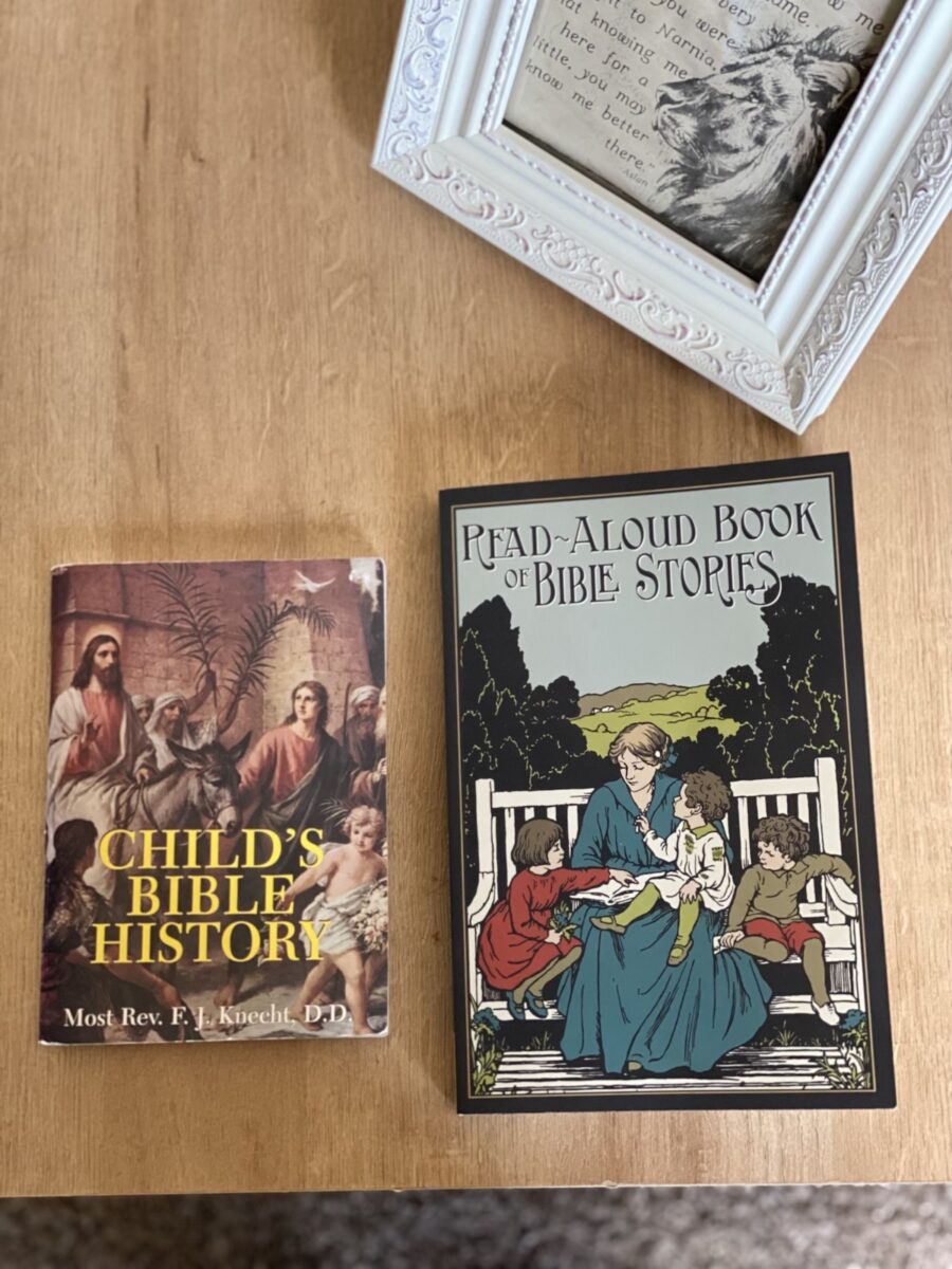two bible story books on a table top. 