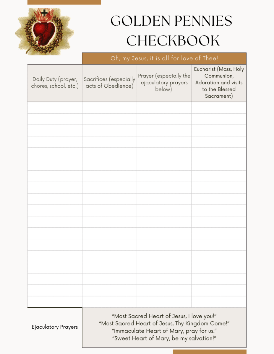 image of the golden pennies checkbook for use in the Tarcisians. 