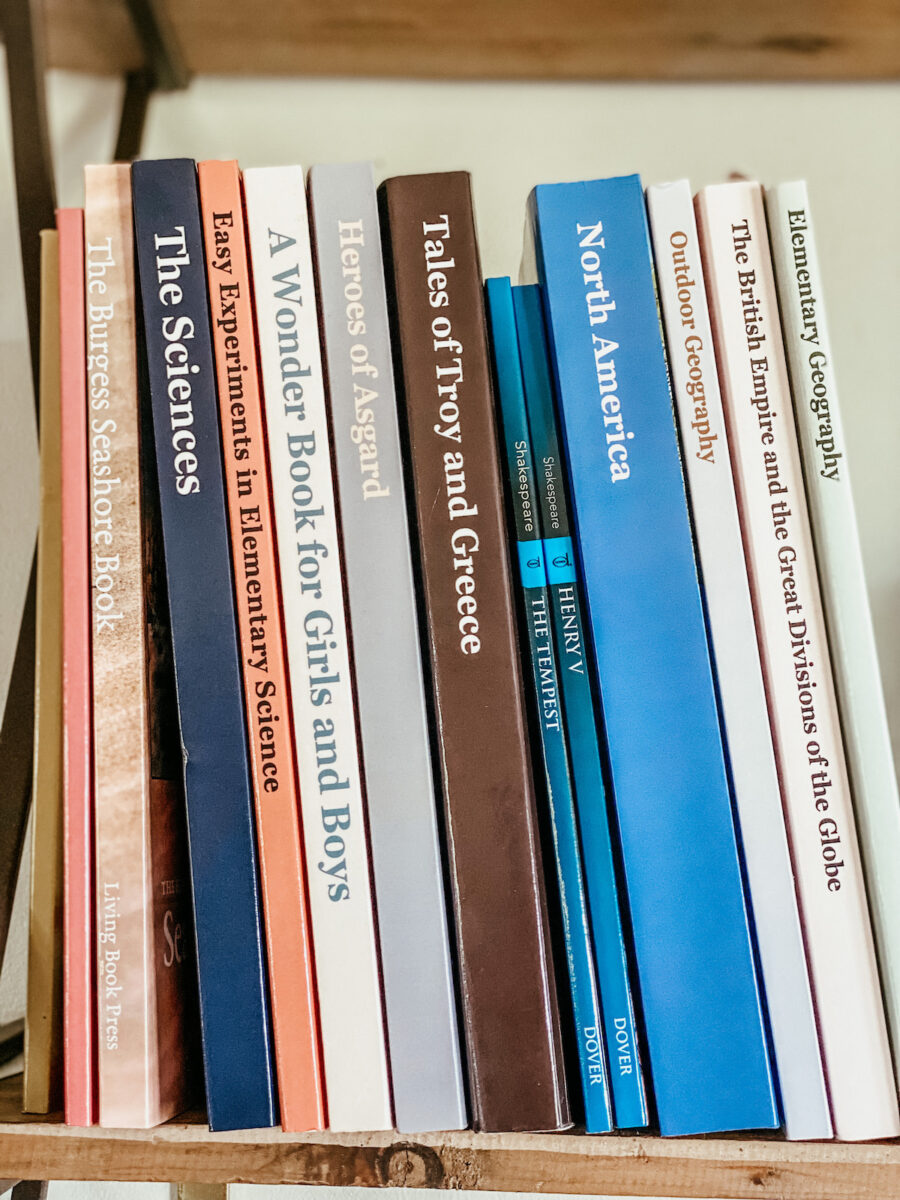 a variety of school books on a shelf.