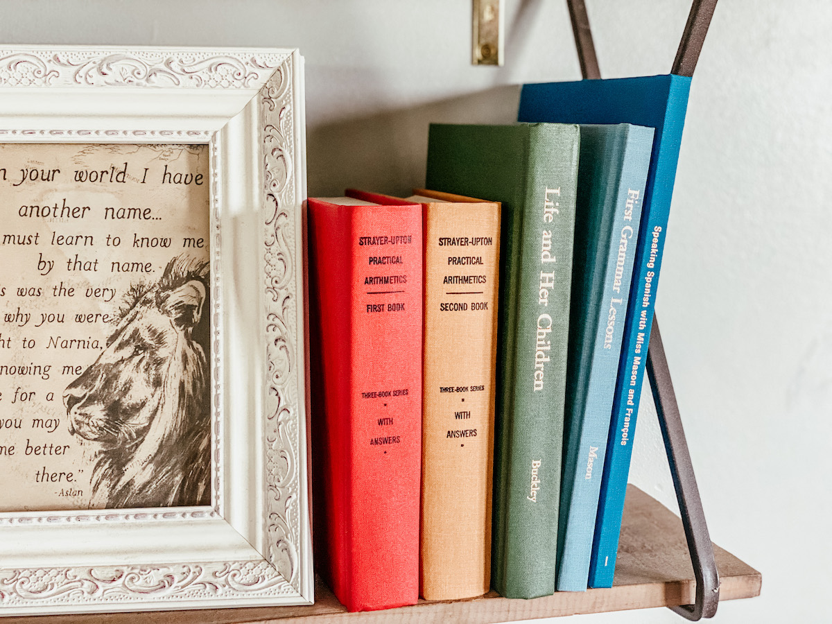 shelf with books with school books and framed art.