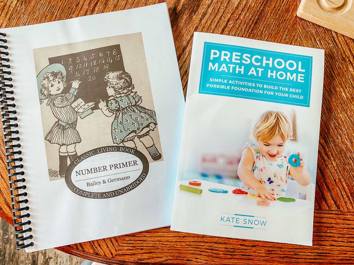 preschool math books for the homeschool on a table. 