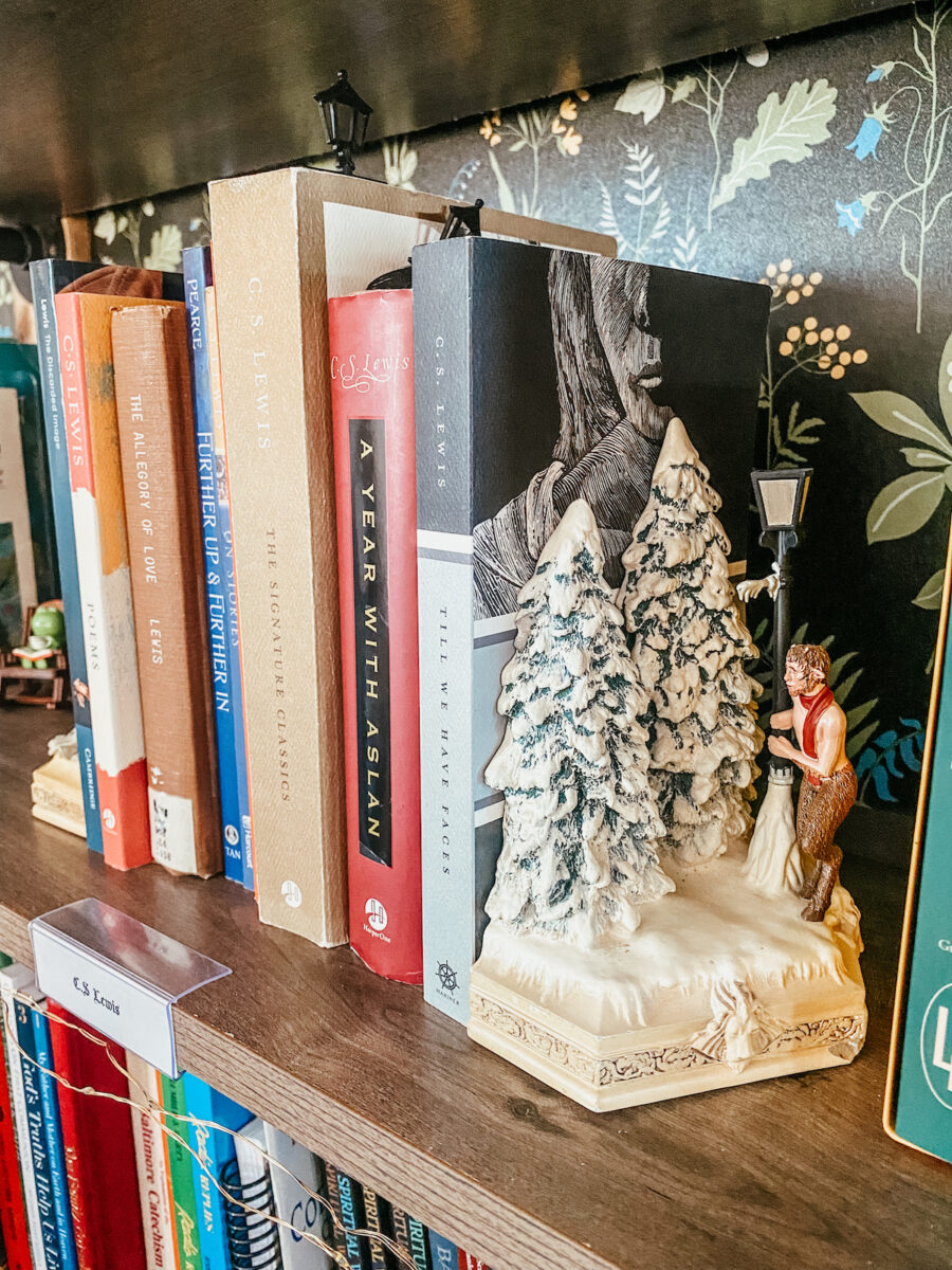 Narnia bookend by books on shelf.
