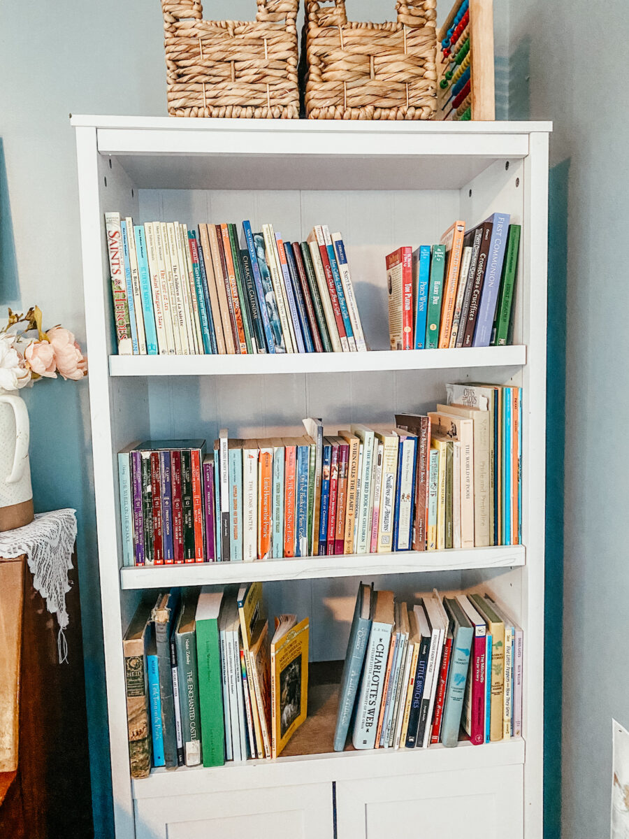 children’s chapter books on a white book shelf. 