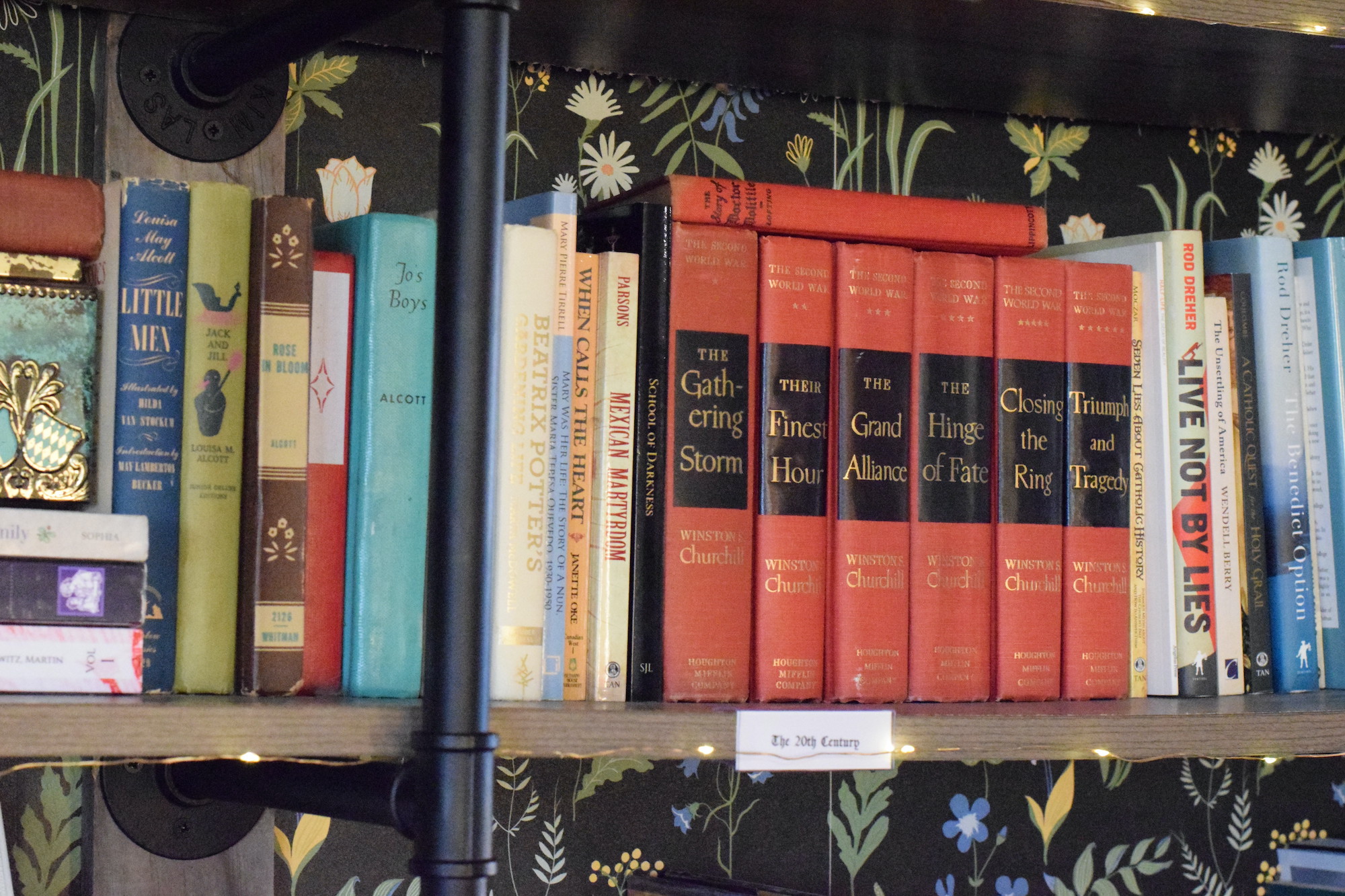 classic books stacked on a home library shelf. 