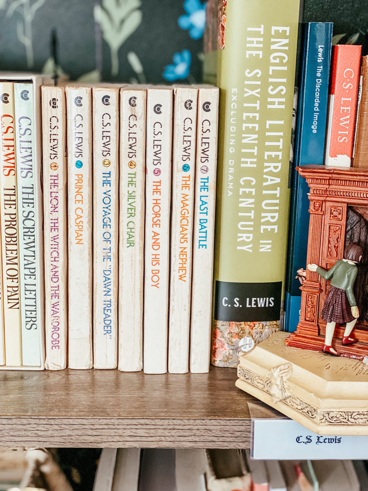 collection of C.S Lewis books on the bookshelf.
