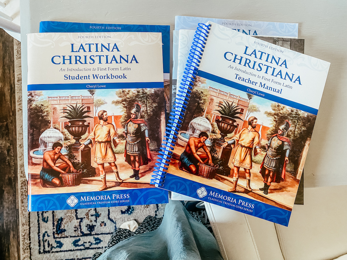 latin school books on a table top.