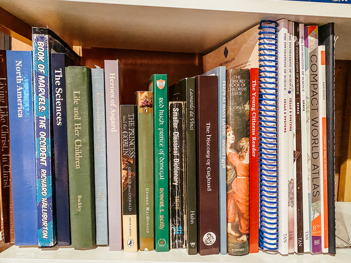 school books on a bookshelf.