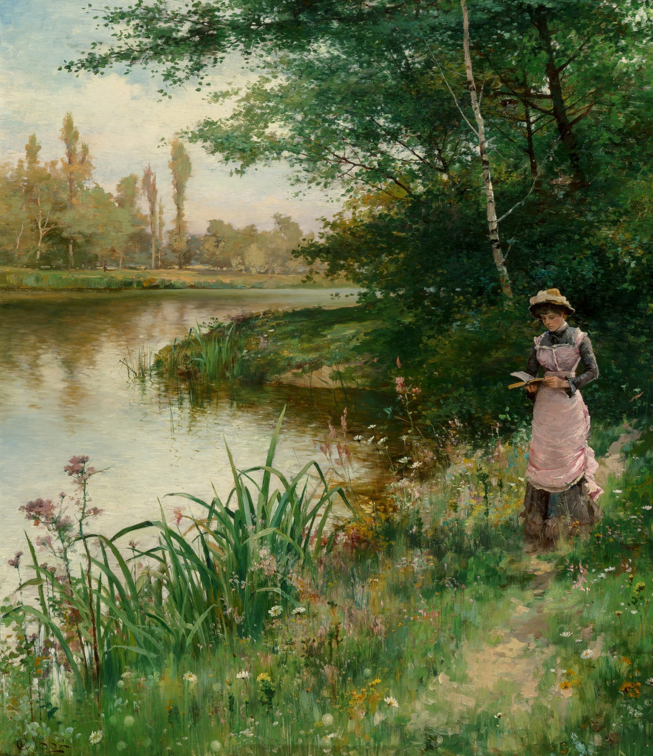 painting of a lady reading a book and walking by a river.