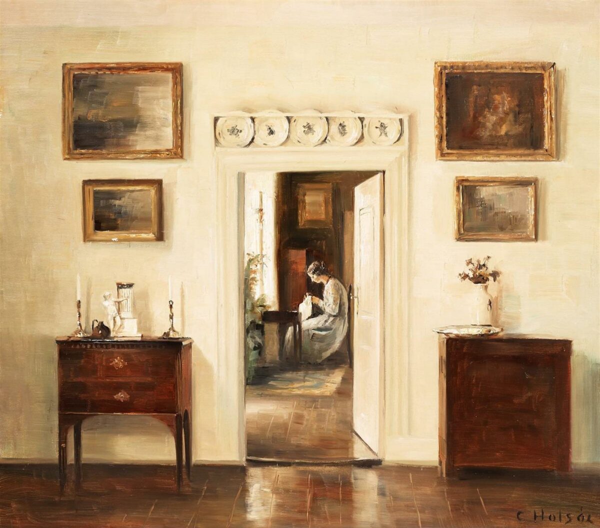 painting of a lady sewing in a room.