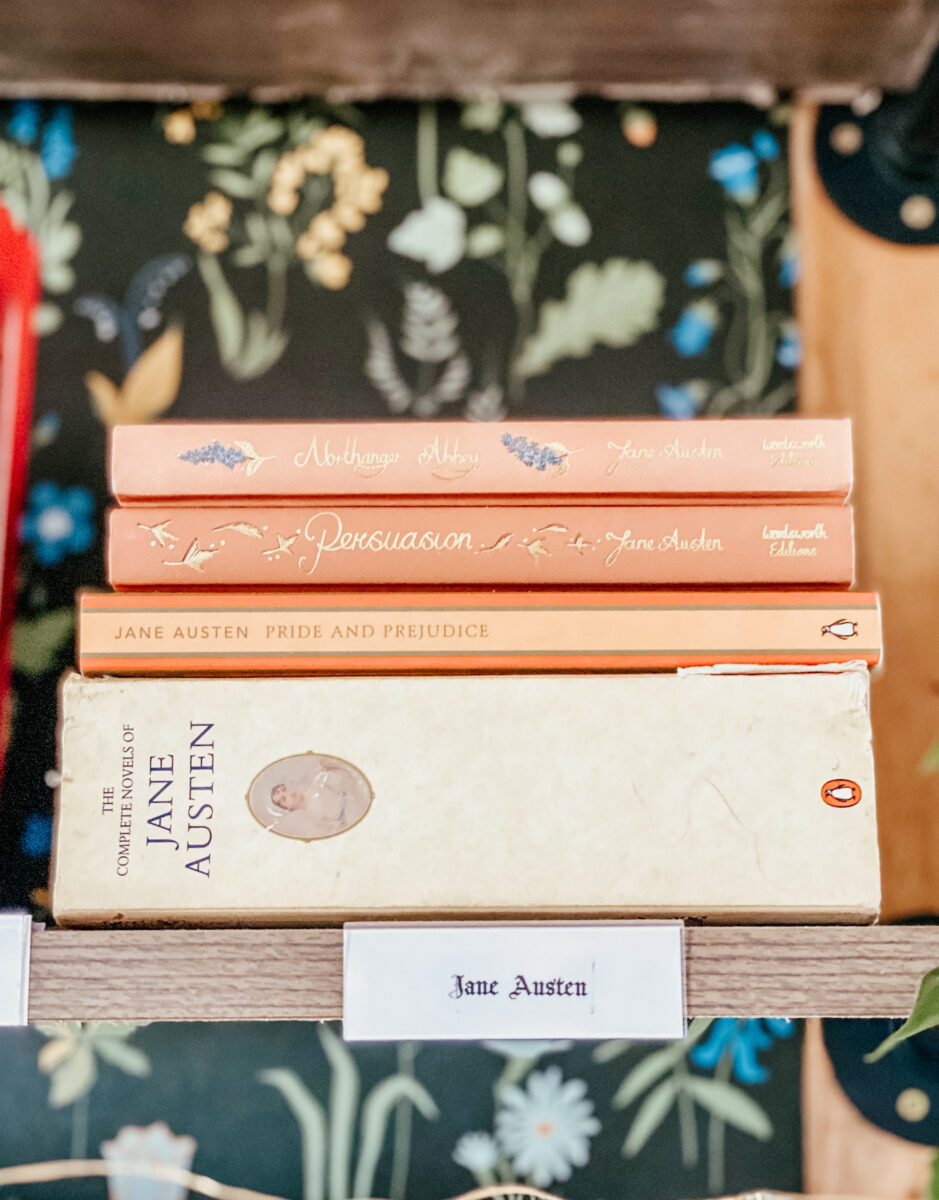 Stack of Jane Austen books on a bookshelf with a dark floral wallpaper background. 