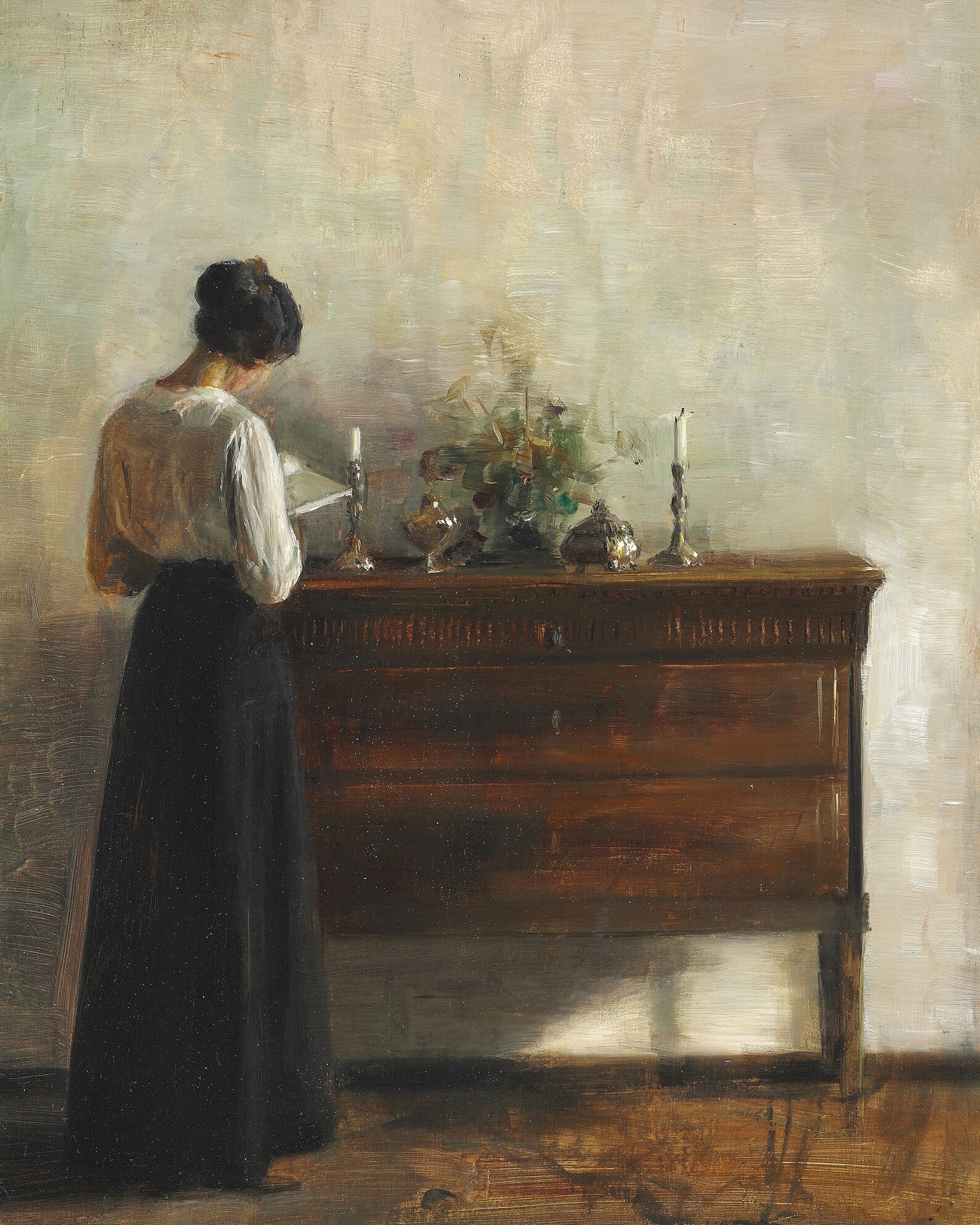 painting of a woman standing and reading a book.