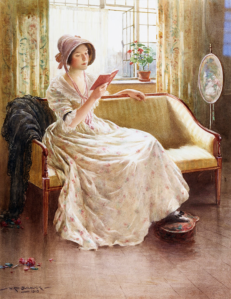 painting of a lady reading book on a sofa.