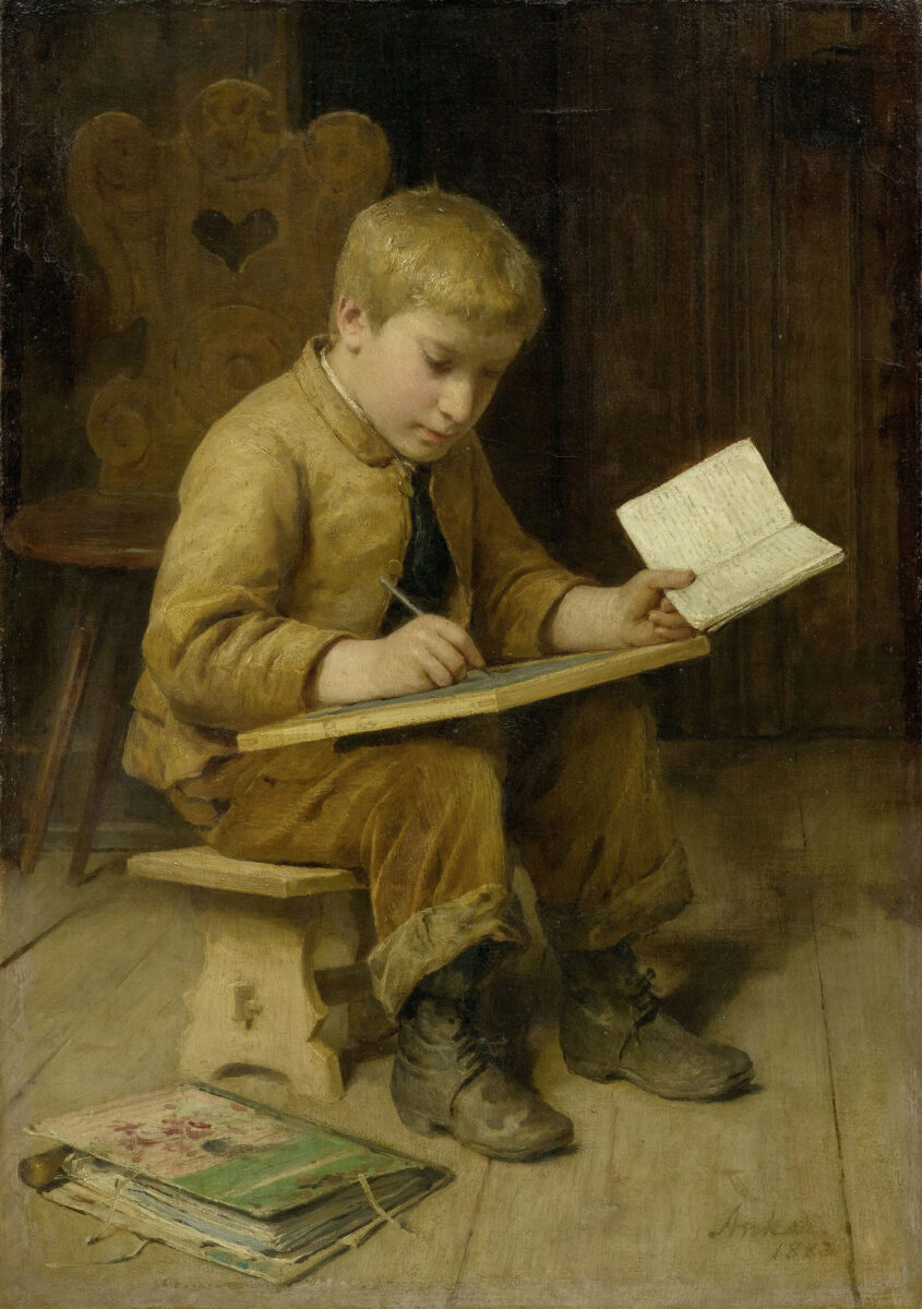 painting of a little boy reading and writing while sitting.