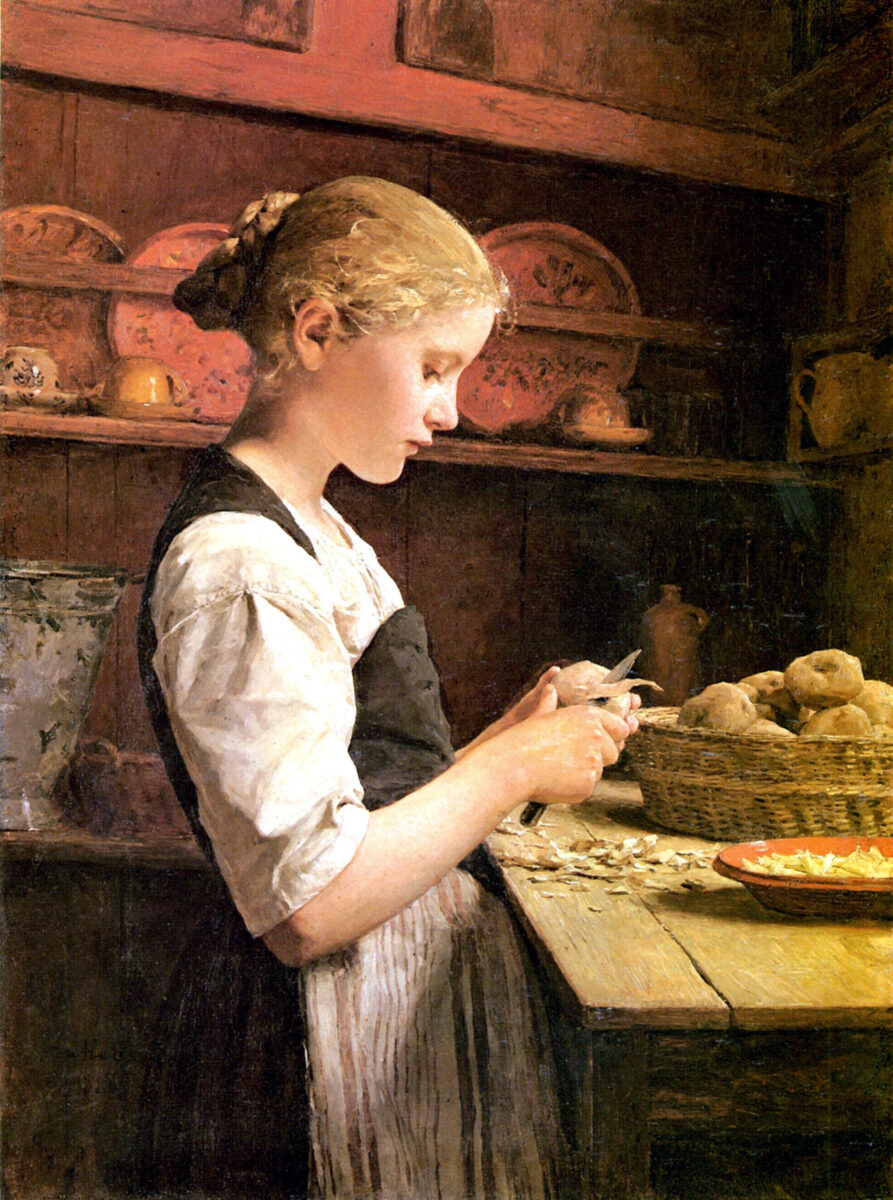 painting of a young girl peeling potatoes.