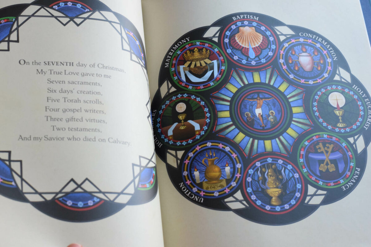 inside picture of stained glass inside of a Christmas book. 