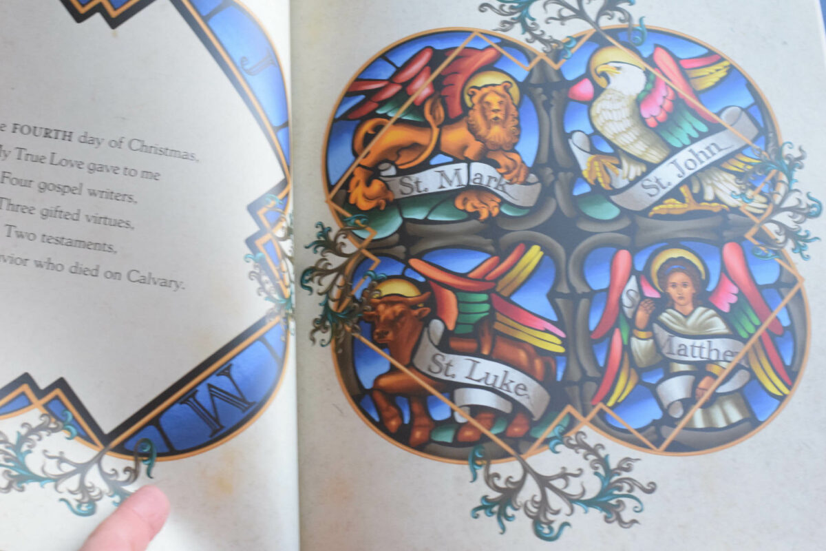 inside of the book of the 12 Days of Christmas. 