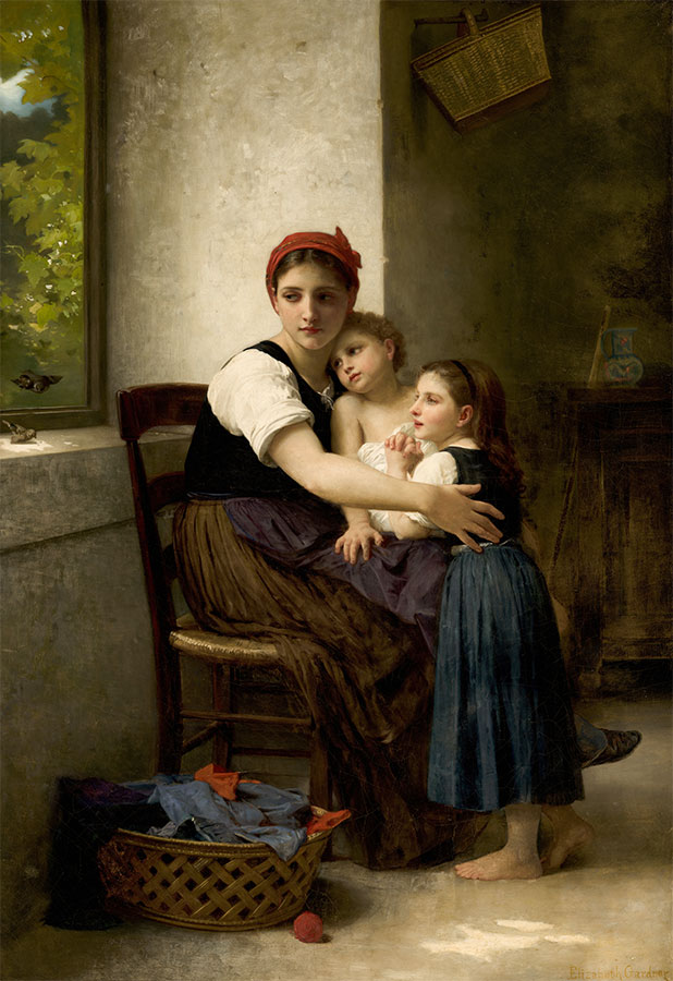 painting of a mother sitting in a chair and holding two children.