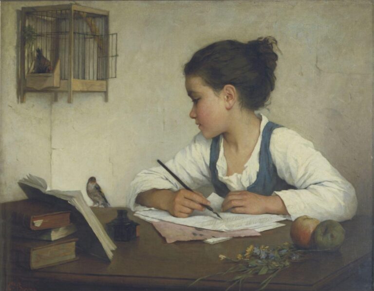 painting of a little girl writing and staring at a bird on a table with an open book.